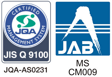 JQA registration mark for JIS Q 9100, registration number JQA-AS0231, and JAB accreditation symbol MS CM009